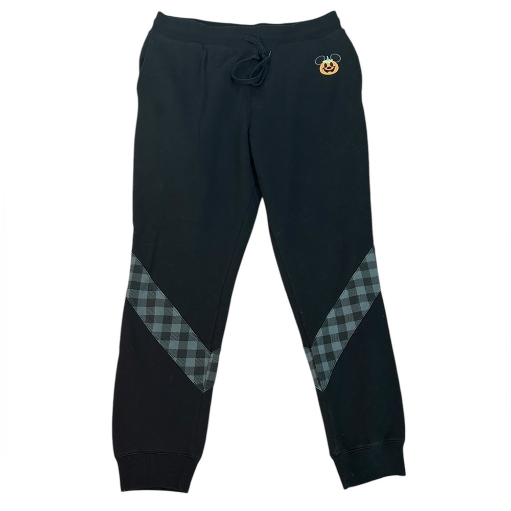 Disney Black Plaid Halloween Jogger Sweatpants Pumpkin Mickey Women’s Sz Large